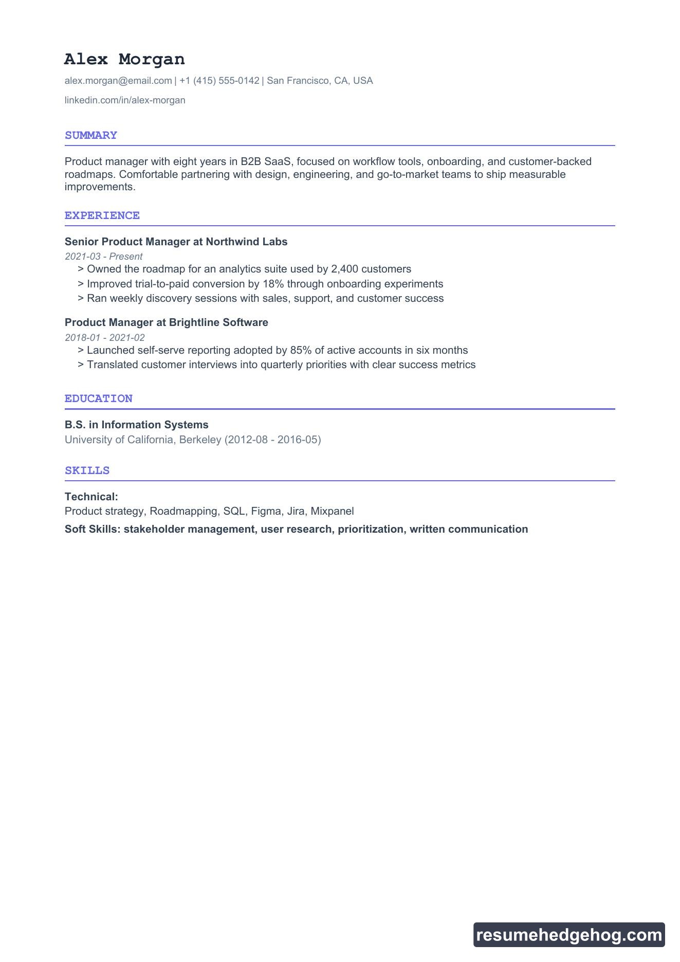 Technical resume style PDF preview